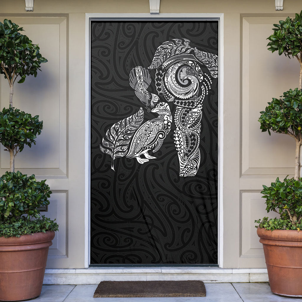 Aotearoa Moko Tribal Tattoo Door Cover New Zealand Maori Penguin and Fantail Black Color LT03 Black - Polynesian Pride