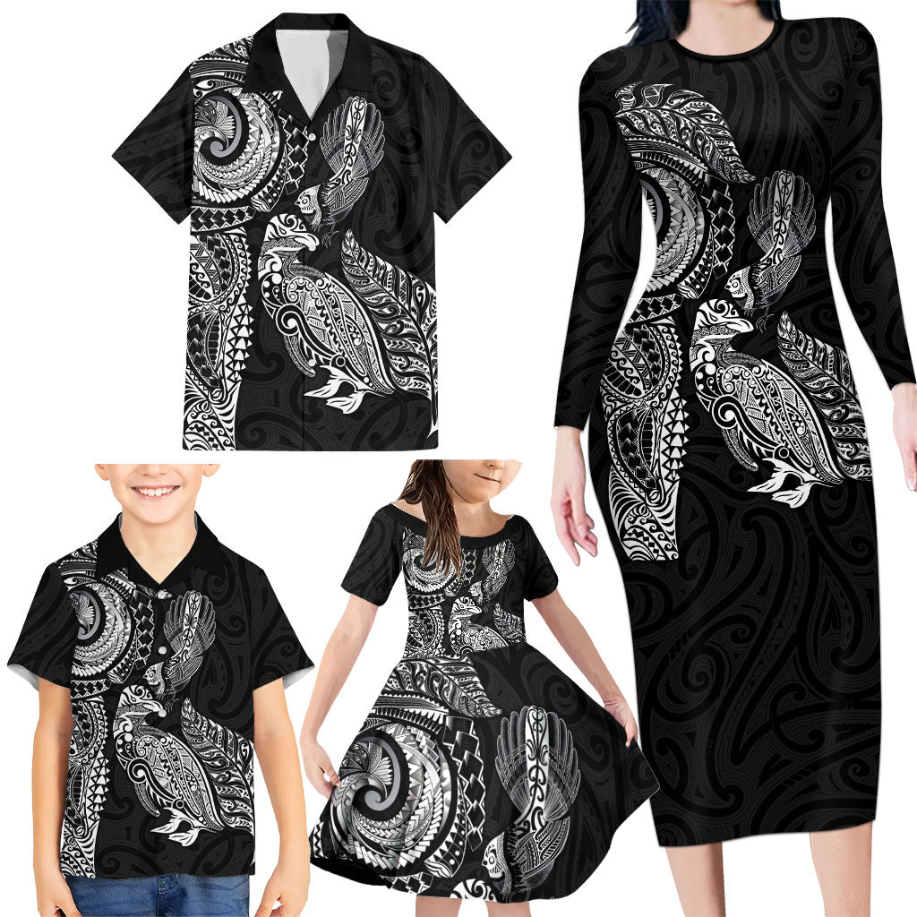 Aotearoa Moko Tribal Tattoo Family Matching Long Sleeve Bodycon Dress and Hawaiian Shirt New Zealand Maori Penguin and Fantail Black Color LT03 - Polynesian Pride
