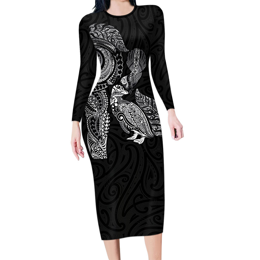 Aotearoa Moko Tribal Tattoo Family Matching Long Sleeve Bodycon Dress and Hawaiian Shirt New Zealand Maori Penguin and Fantail Black Color LT03 Mom's Dress Black - Polynesian Pride