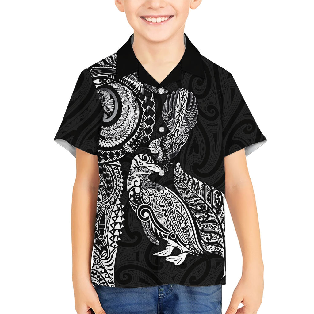 Aotearoa Moko Tribal Tattoo Family Matching Long Sleeve Bodycon Dress and Hawaiian Shirt New Zealand Maori Penguin and Fantail Black Color LT03 Son's Shirt Black - Polynesian Pride