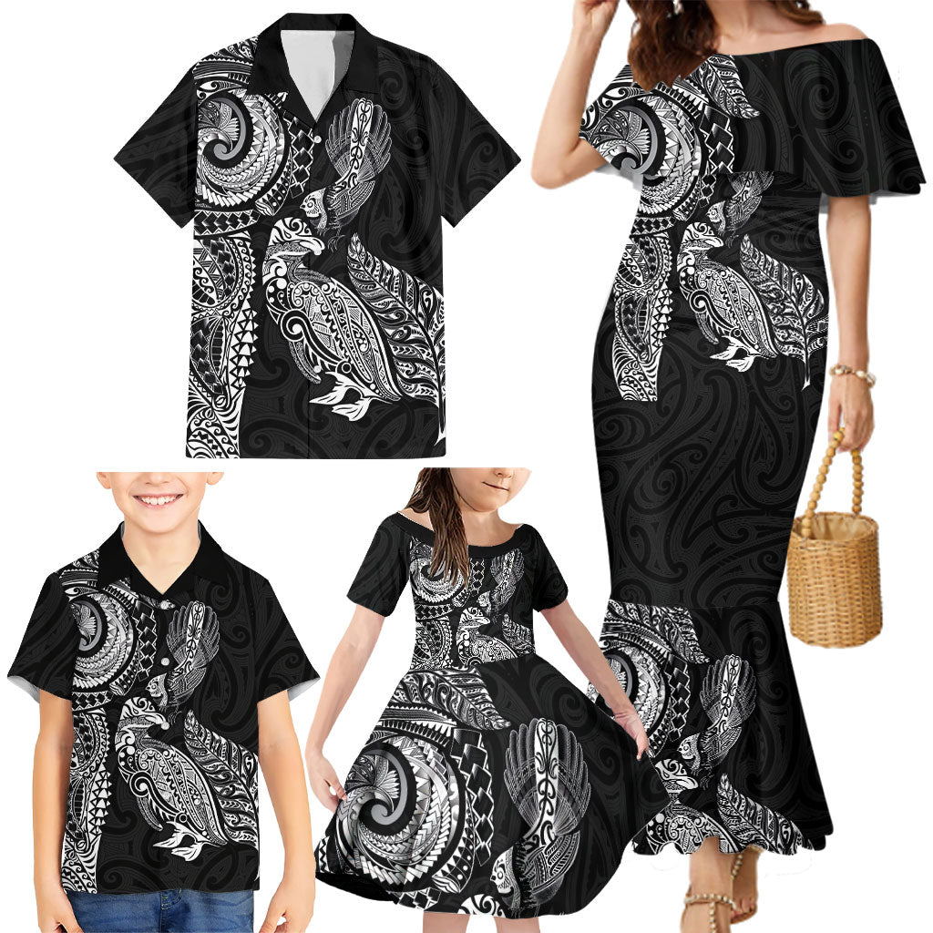 Aotearoa Moko Tribal Tattoo Family Matching Mermaid Dress and Hawaiian Shirt New Zealand Maori Penguin and Fantail Black Color