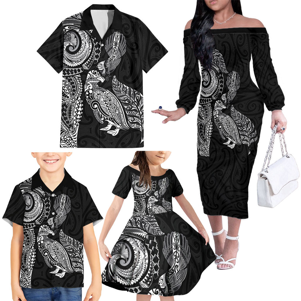 Aotearoa Moko Tribal Tattoo Family Matching Off The Shoulder Long Sleeve Dress and Hawaiian Shirt New Zealand Maori Penguin and Fantail Black Color