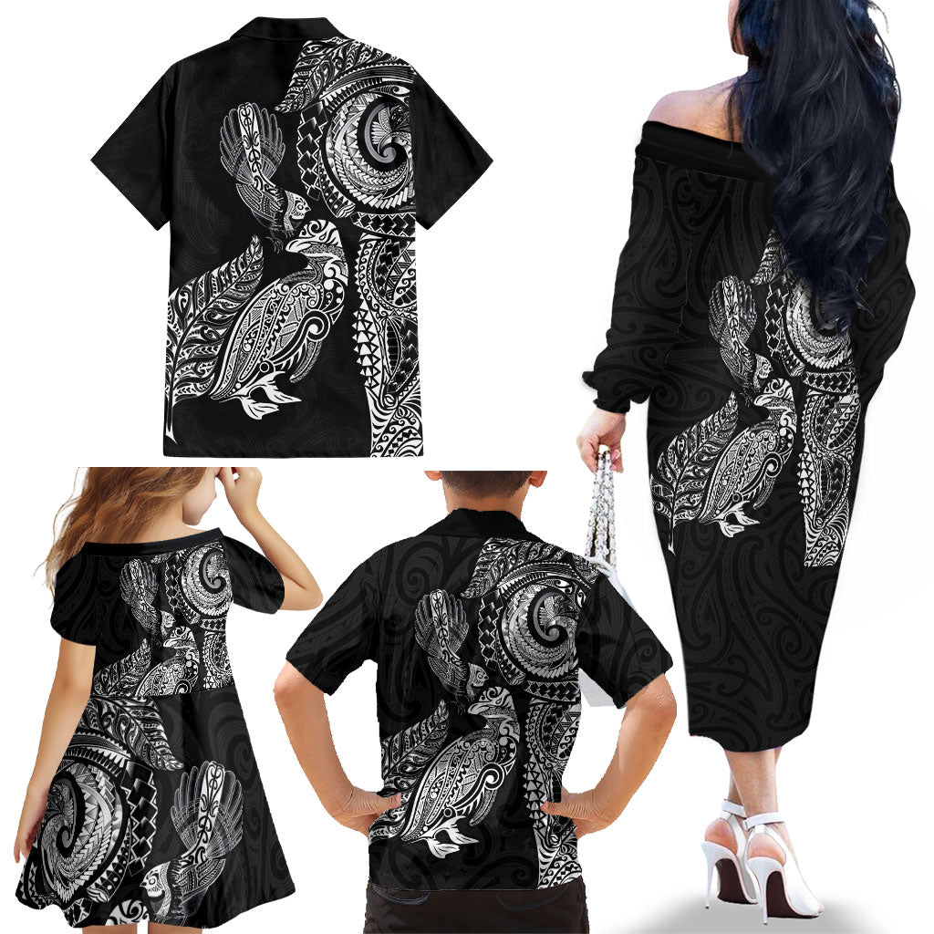 Aotearoa Moko Tribal Tattoo Family Matching Off The Shoulder Long Sleeve Dress and Hawaiian Shirt New Zealand Maori Penguin and Fantail Black Color LT03 - Polynesian Pride