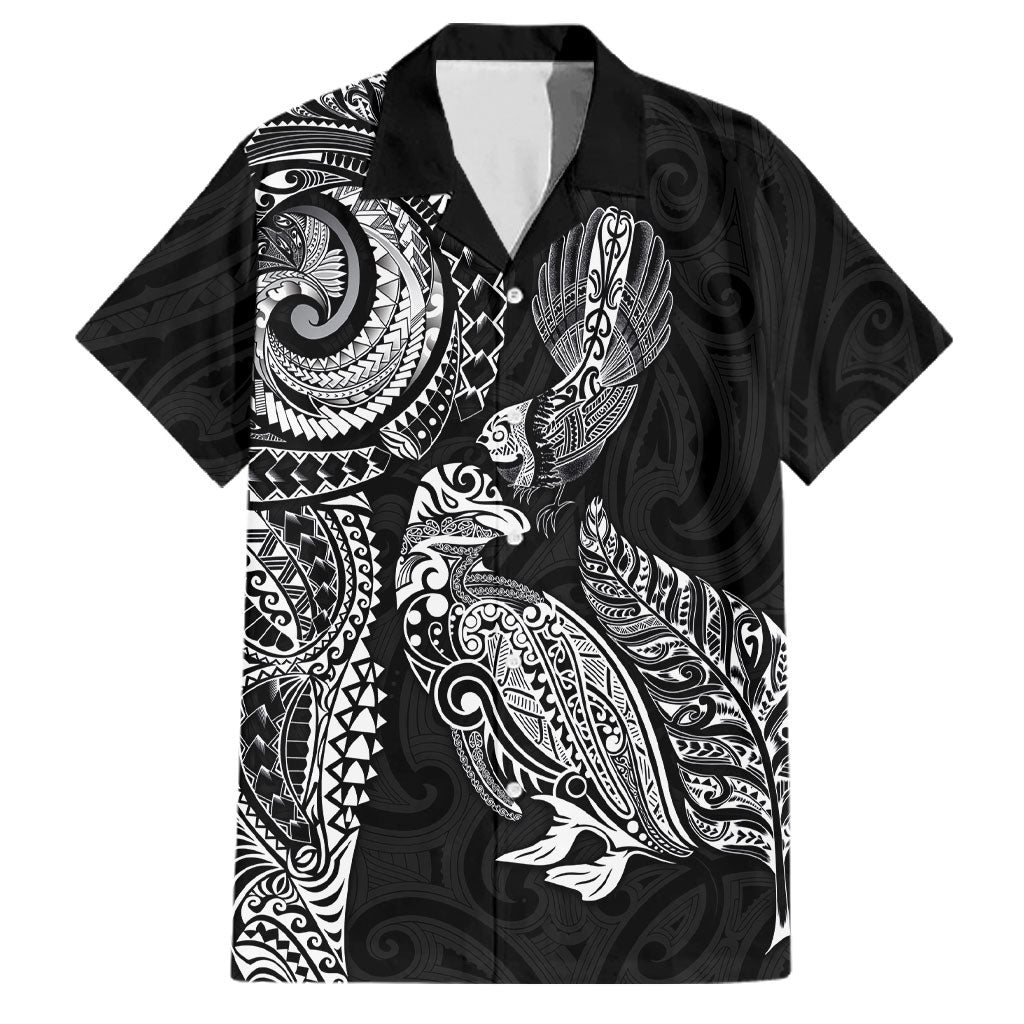 Aotearoa Moko Tribal Tattoo Family Matching Off The Shoulder Long Sleeve Dress and Hawaiian Shirt New Zealand Maori Penguin and Fantail Black Color LT03 Dad's Shirt - Short Sleeve Black - Polynesian Pride