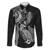 Aotearoa Moko Tribal Tattoo Family Matching Off The Shoulder Long Sleeve Dress and Hawaiian Shirt New Zealand Maori Penguin and Fantail Black Color LT03 Dad's Shirt - Long Sleeve Black - Polynesian Pride