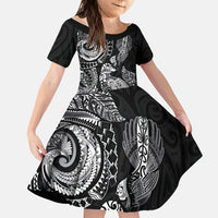 Aotearoa Moko Tribal Tattoo Family Matching Off Shoulder Maxi Dress and Hawaiian Shirt New Zealand Maori Penguin and Fantail Black Color LT03 Daughter's Dress Black - Polynesian Pride