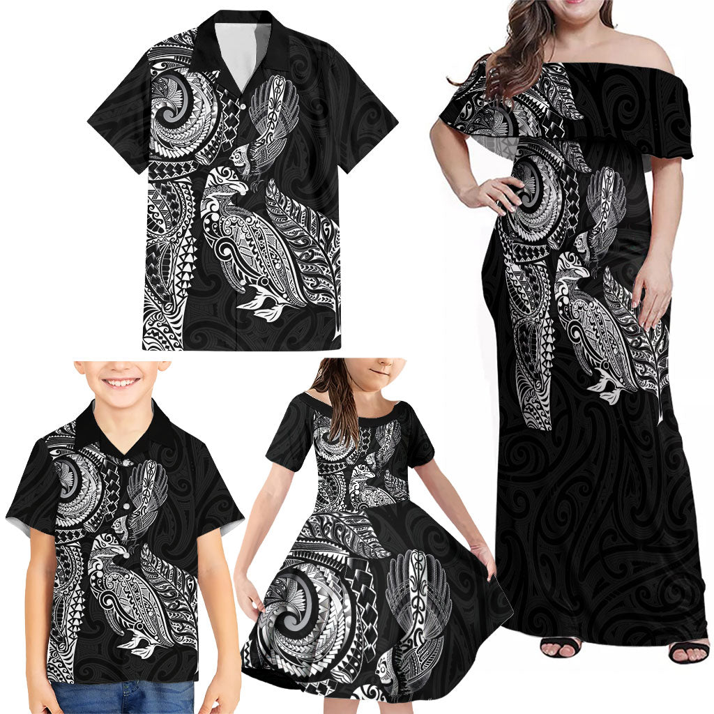 Aotearoa Moko Tribal Tattoo Family Matching Off Shoulder Maxi Dress and Hawaiian Shirt New Zealand Maori Penguin and Fantail Black Color