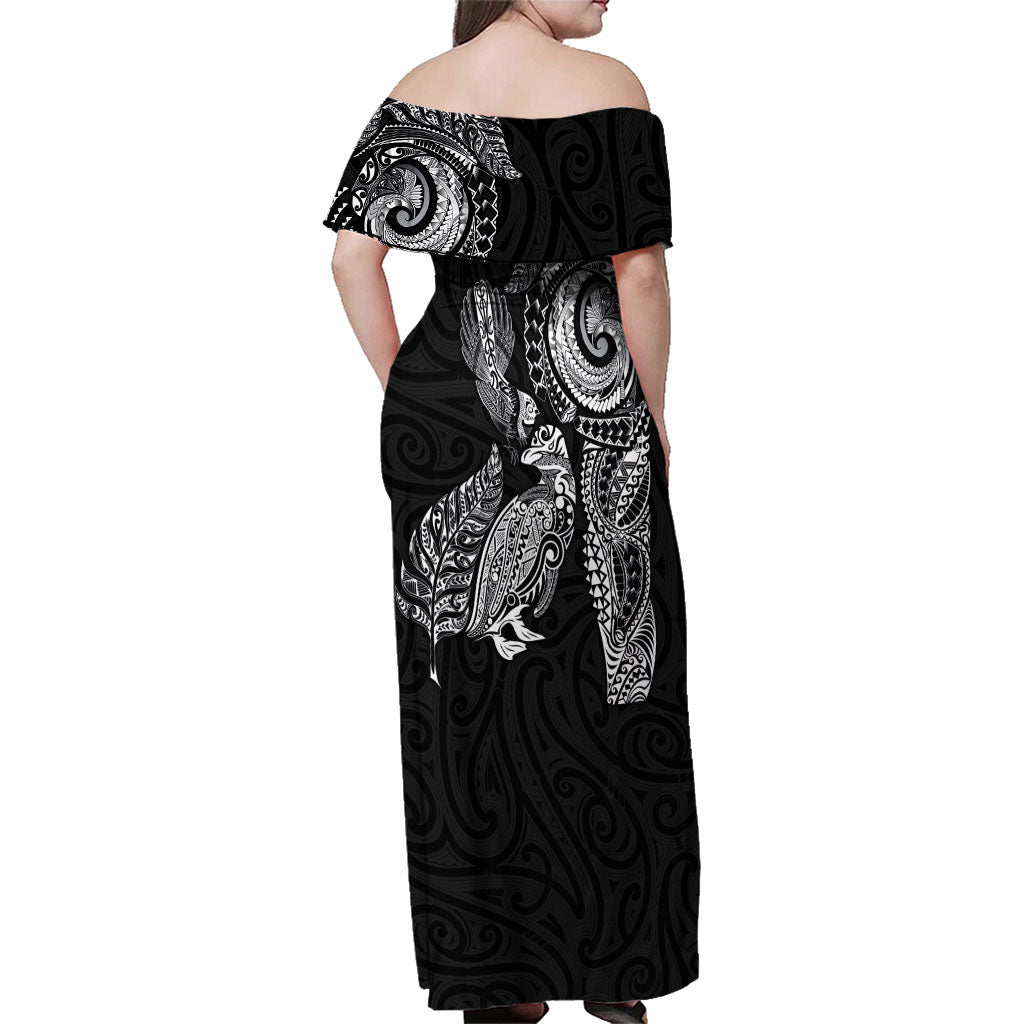 Aotearoa Moko Tribal Tattoo Family Matching Off Shoulder Maxi Dress and Hawaiian Shirt New Zealand Maori Penguin and Fantail Black Color LT03 - Polynesian Pride
