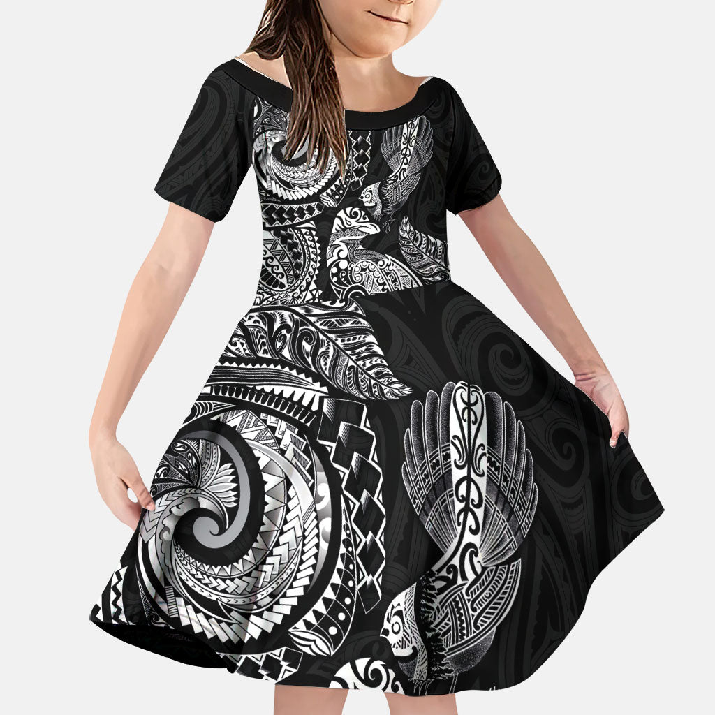 Aotearoa Moko Tribal Tattoo Family Matching Off Shoulder Short Dress and Hawaiian Shirt New Zealand Maori Penguin and Fantail Black Color LT03 Daughter's Dress Black - Polynesian Pride