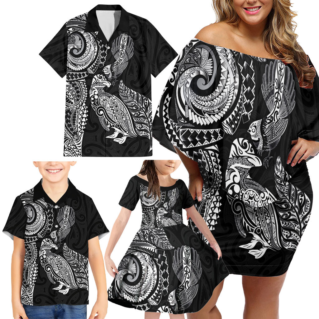 Aotearoa Moko Tribal Tattoo Family Matching Off Shoulder Short Dress and Hawaiian Shirt New Zealand Maori Penguin and Fantail Black Color LT03 - Polynesian Pride