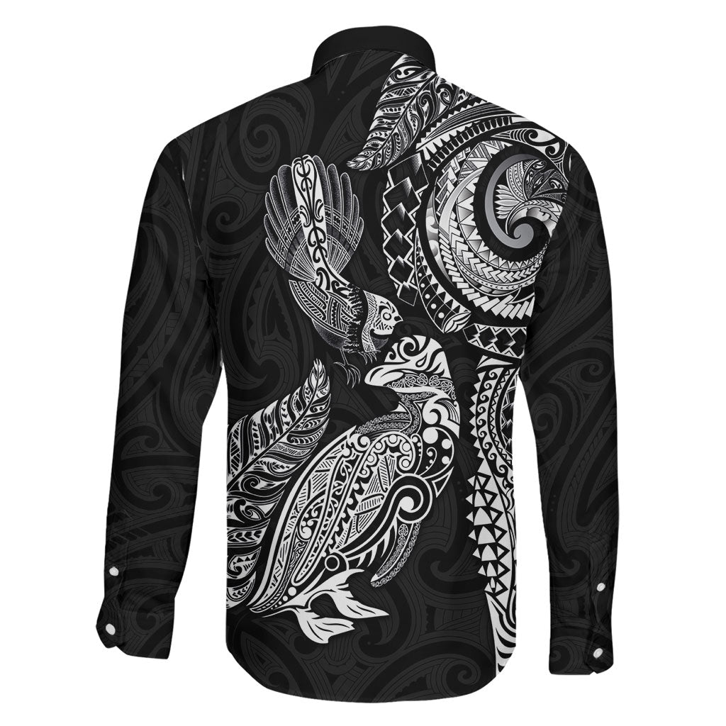 Aotearoa Moko Tribal Tattoo Family Matching Off Shoulder Short Dress and Hawaiian Shirt New Zealand Maori Penguin and Fantail Black Color LT03 - Polynesian Pride