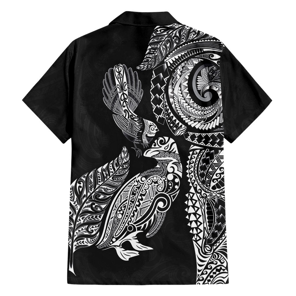Aotearoa Moko Tribal Tattoo Family Matching Puletasi and Hawaiian Shirt New Zealand Maori Penguin and Fantail Black Color LT03 - Polynesian Pride