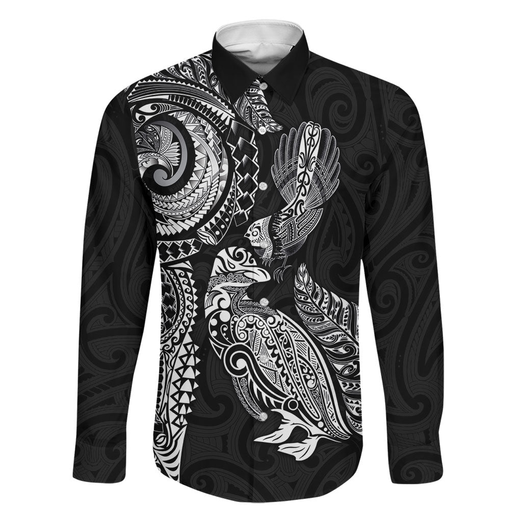 Aotearoa Moko Tribal Tattoo Family Matching Puletasi and Hawaiian Shirt New Zealand Maori Penguin and Fantail Black Color LT03 Dad's Shirt - Long Sleeve Black - Polynesian Pride