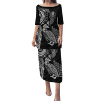 Aotearoa Moko Tribal Tattoo Family Matching Puletasi and Hawaiian Shirt New Zealand Maori Penguin and Fantail Black Color LT03 Mom's Dress Black - Polynesian Pride