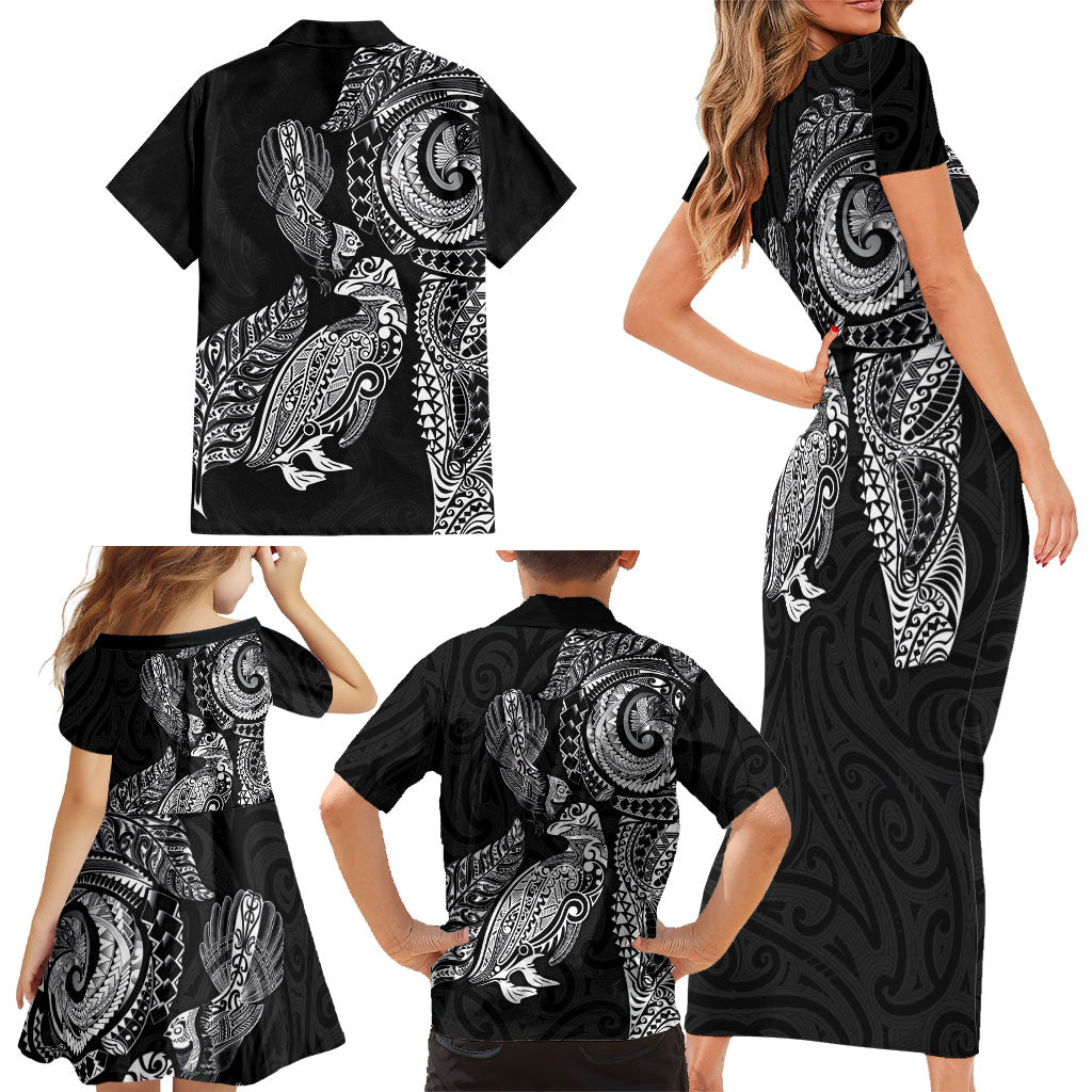 Aotearoa Moko Tribal Tattoo Family Matching Short Sleeve Bodycon Dress and Hawaiian Shirt New Zealand Maori Penguin and Fantail Black Color LT03 - Polynesian Pride