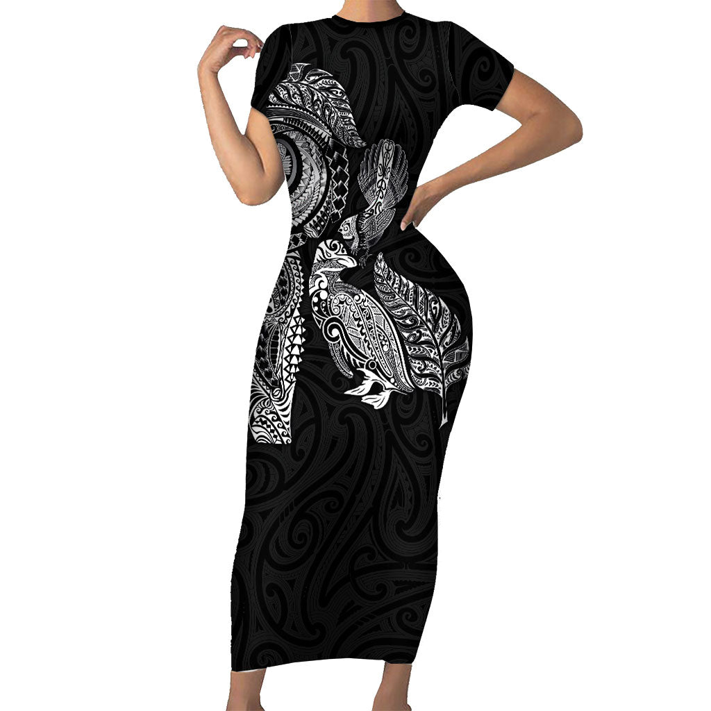 Aotearoa Moko Tribal Tattoo Family Matching Short Sleeve Bodycon Dress and Hawaiian Shirt New Zealand Maori Penguin and Fantail Black Color LT03 Mom's Dress Black - Polynesian Pride