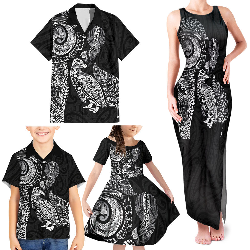 Aotearoa Moko Tribal Tattoo Family Matching Tank Maxi Dress and Hawaiian Shirt New Zealand Maori Penguin and Fantail Black Color LT03 - Polynesian Pride
