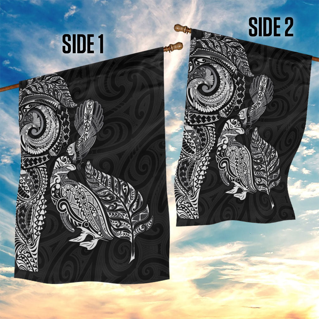 Aotearoa Moko Tribal Tattoo Garden Flag New Zealand Maori Penguin and Fantail Black Color LT03 - Polynesian Pride