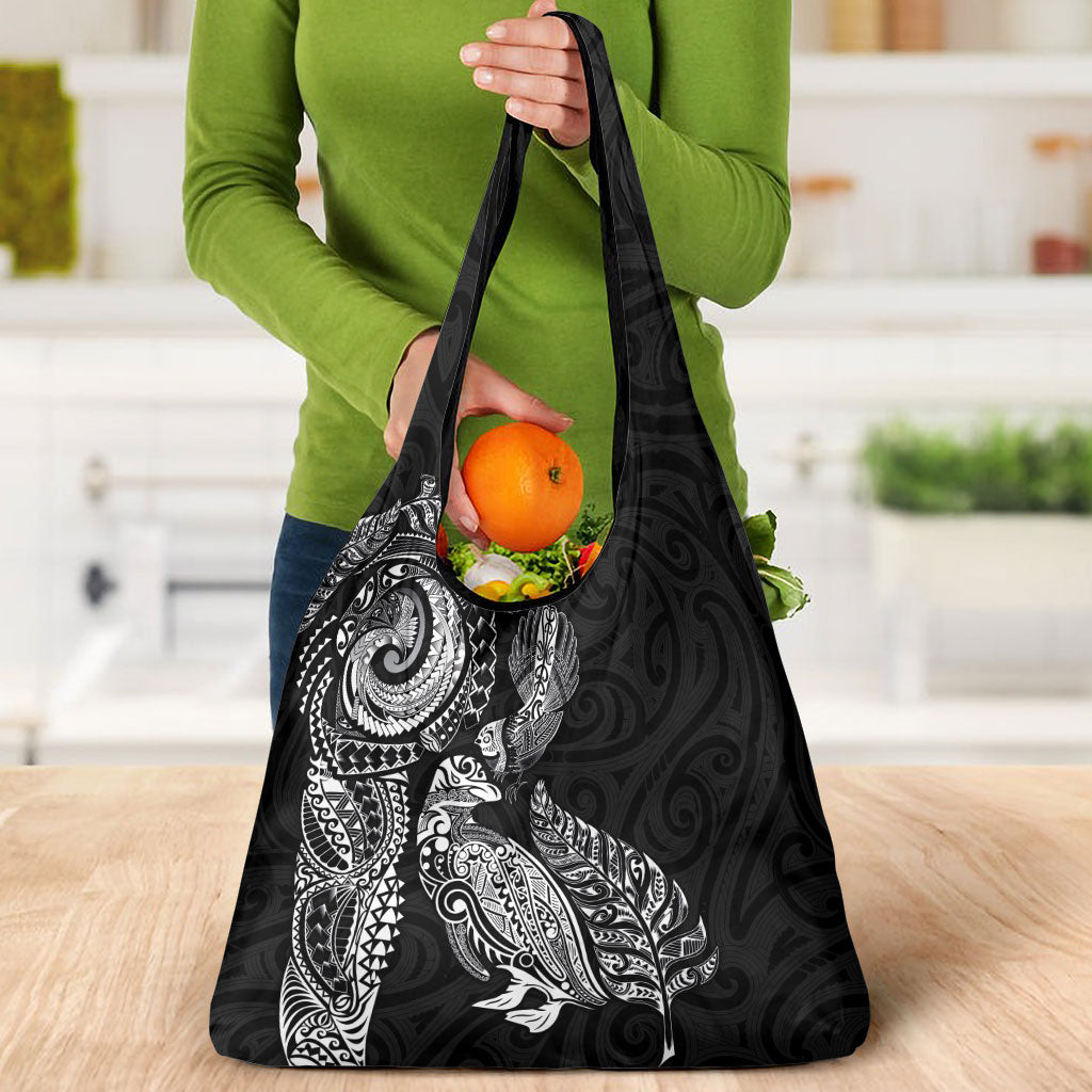 Aotearoa Moko Tribal Tattoo Grocery Bag New Zealand Maori Penguin and Fantail Black Color LT03 - Polynesian Pride