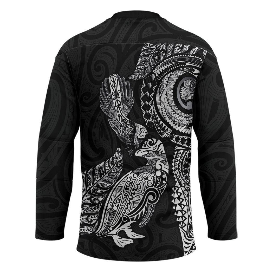 Aotearoa Moko Tribal Tattoo Hockey Jersey New Zealand Maori Penguin and Fantail Black Color LT03 - Polynesian Pride