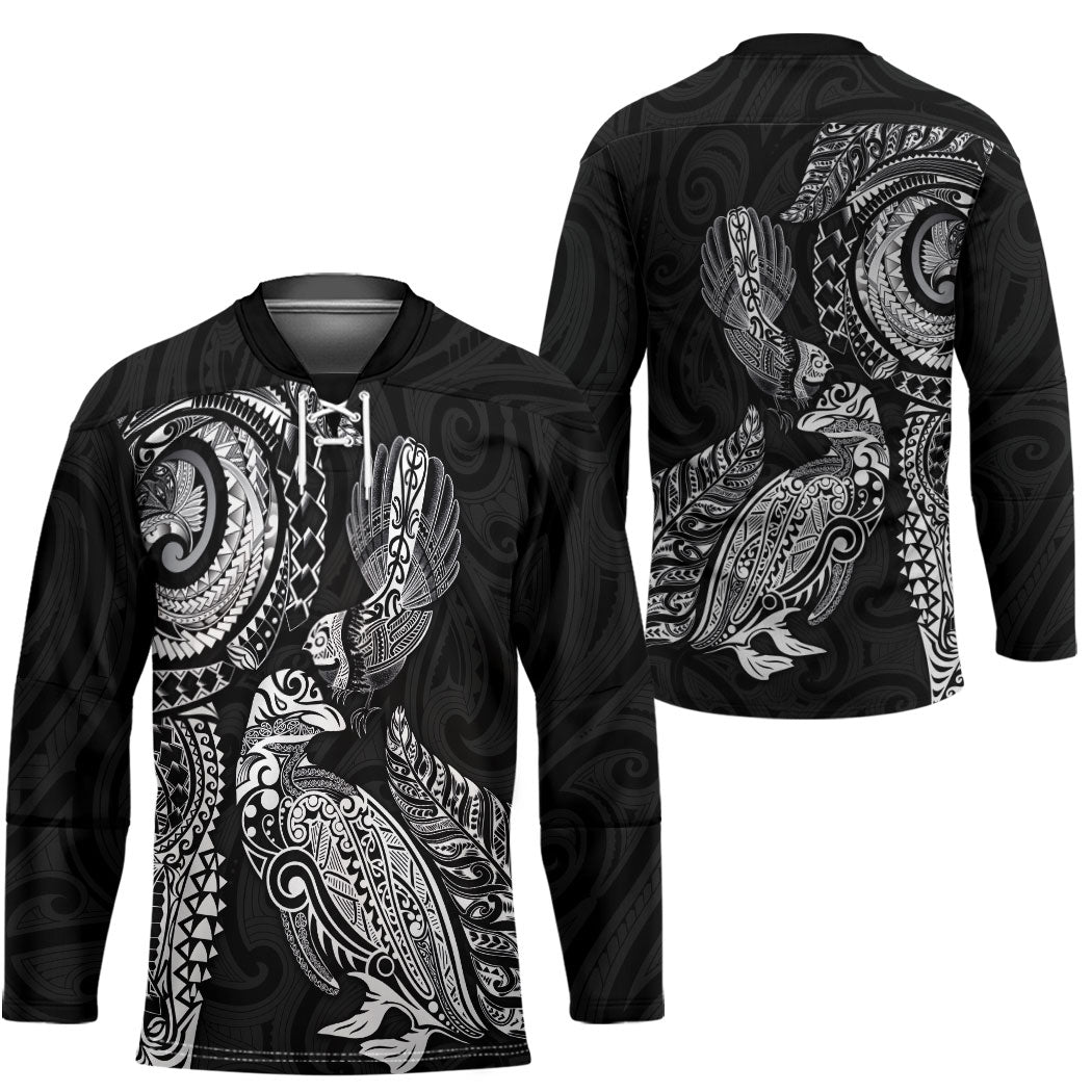 Aotearoa Moko Tribal Tattoo Hockey Jersey New Zealand Maori Penguin and Fantail Black Color LT03 - Polynesian Pride