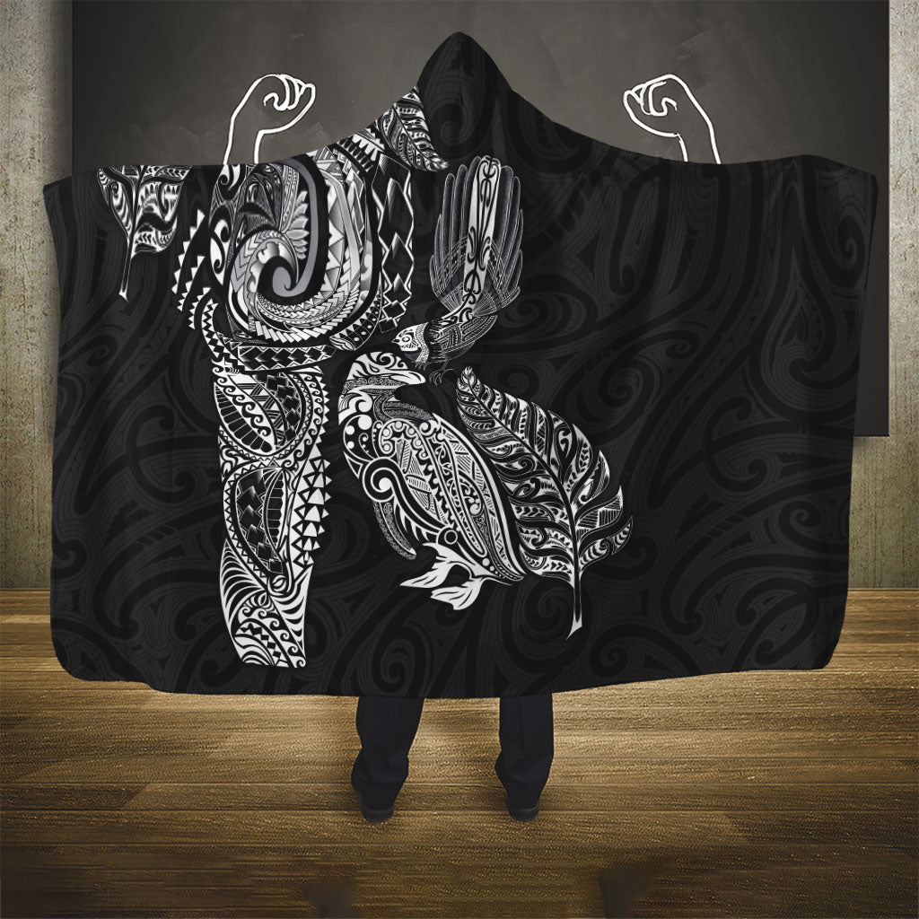 Aotearoa Moko Tribal Tattoo Hooded Blanket New Zealand Maori Penguin and Fantail Black Color LT03 - Polynesian Pride