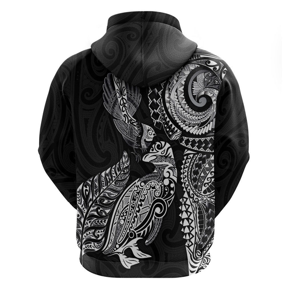 Aotearoa Moko Tribal Tattoo Hoodie New Zealand Maori Penguin and Fantail Black Color LT03 - Polynesian Pride