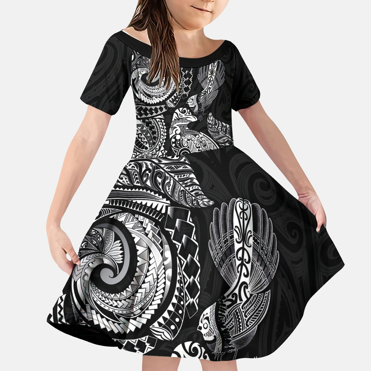 Aotearoa Moko Tribal Tattoo Kid Short Sleeve Dress New Zealand Maori Penguin and Fantail Black Color LT03 KID Black - Polynesian Pride
