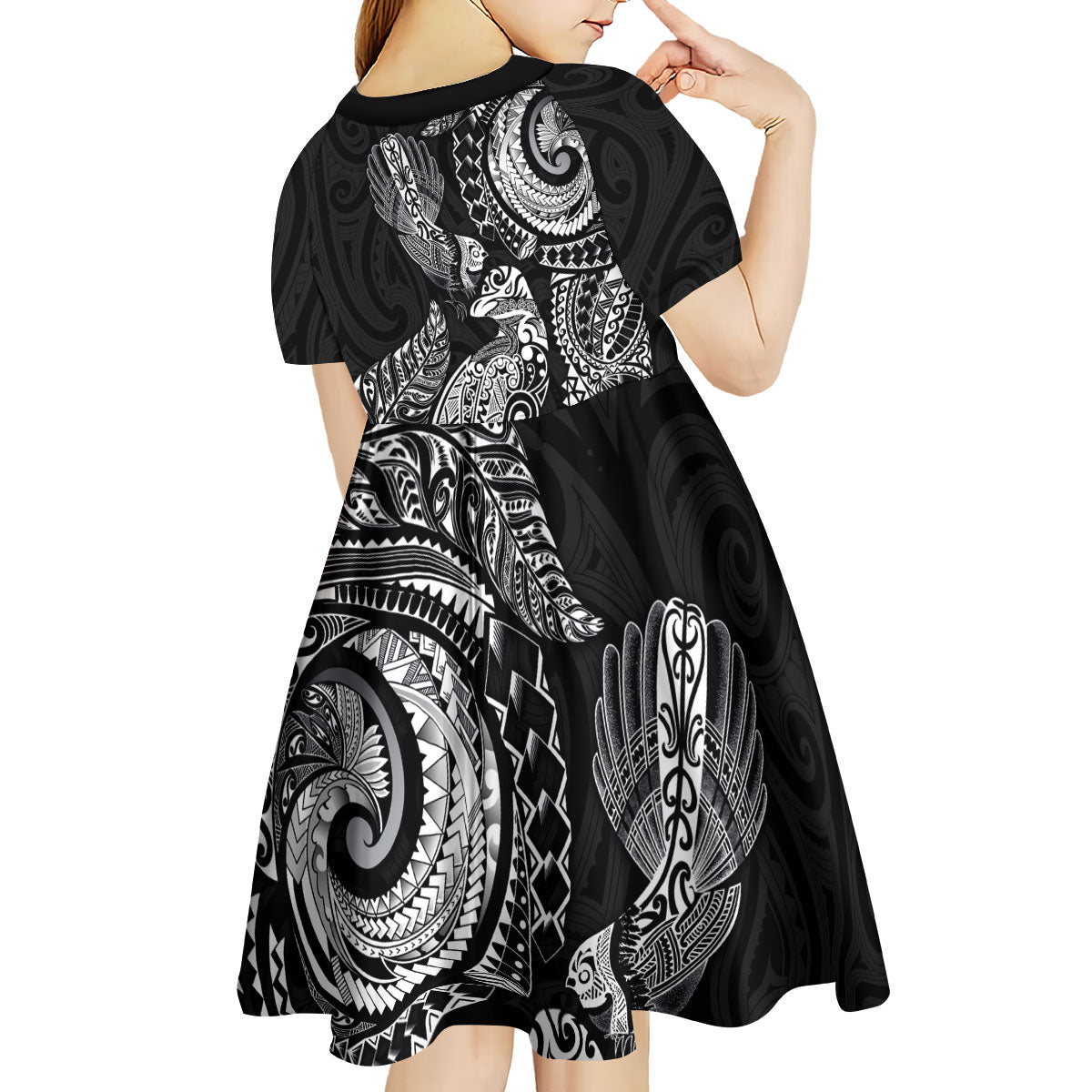 Aotearoa Moko Tribal Tattoo Kid Short Sleeve Dress New Zealand Maori Penguin and Fantail Black Color LT03 - Polynesian Pride