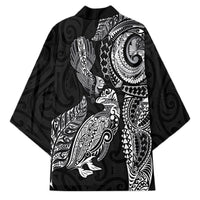 Aotearoa Moko Tribal Tattoo Kimono New Zealand Maori Penguin and Fantail Black Color LT03 - Polynesian Pride