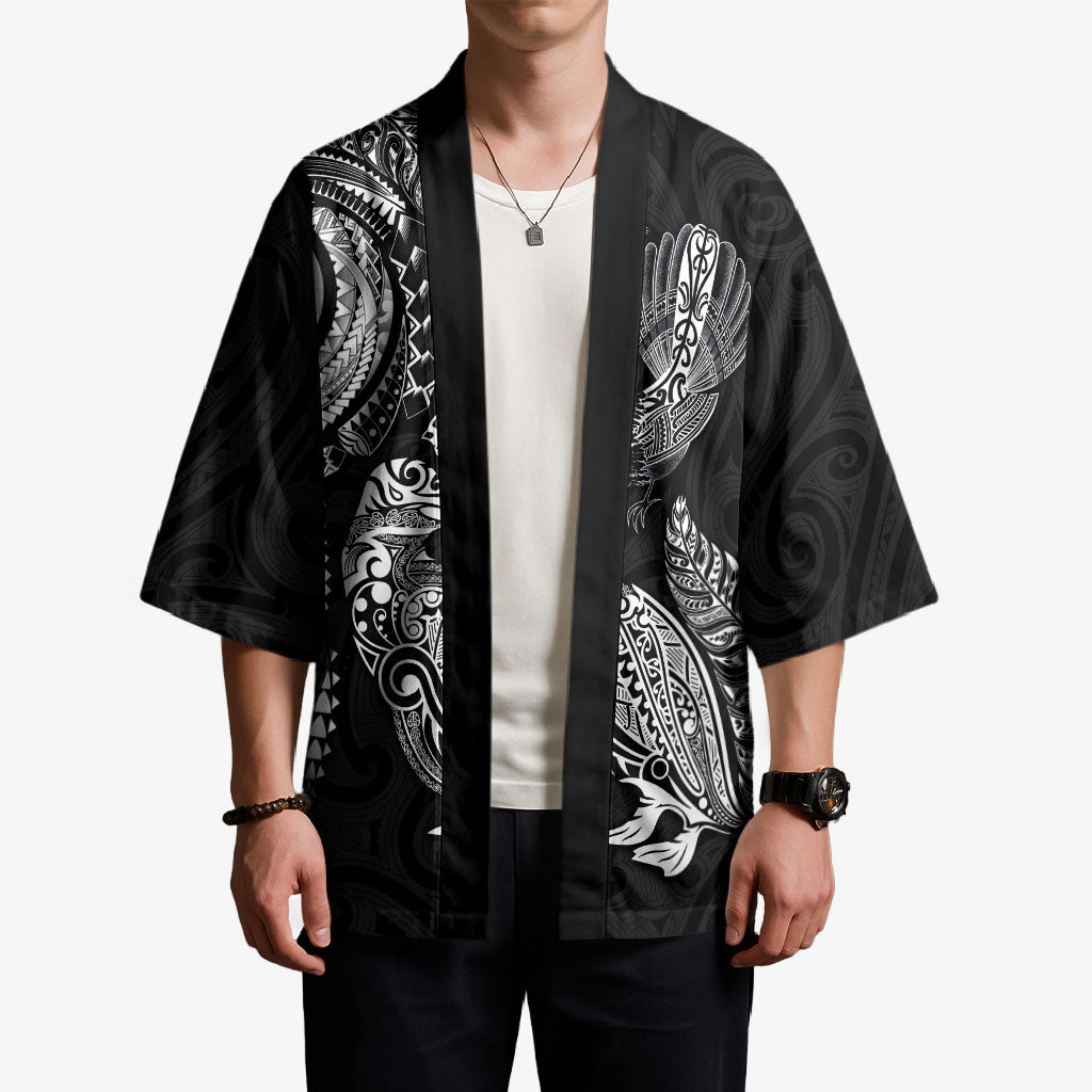 Aotearoa Moko Tribal Tattoo Kimono New Zealand Maori Penguin and Fantail Black Color LT03 - Polynesian Pride