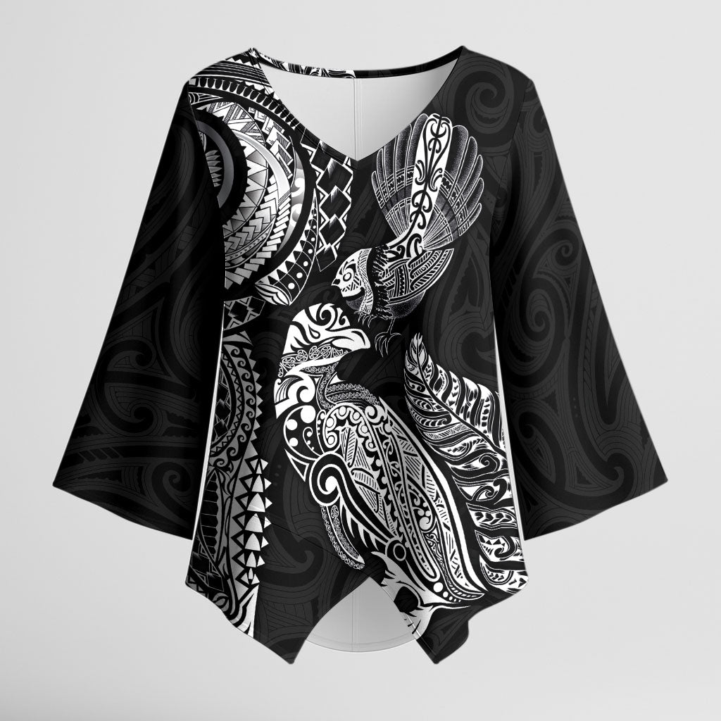 Aotearoa Moko Tribal Tattoo Kimono Sleeve Blouse New Zealand Maori Penguin and Fantail Black Color LT03 Female Black - Polynesian Pride
