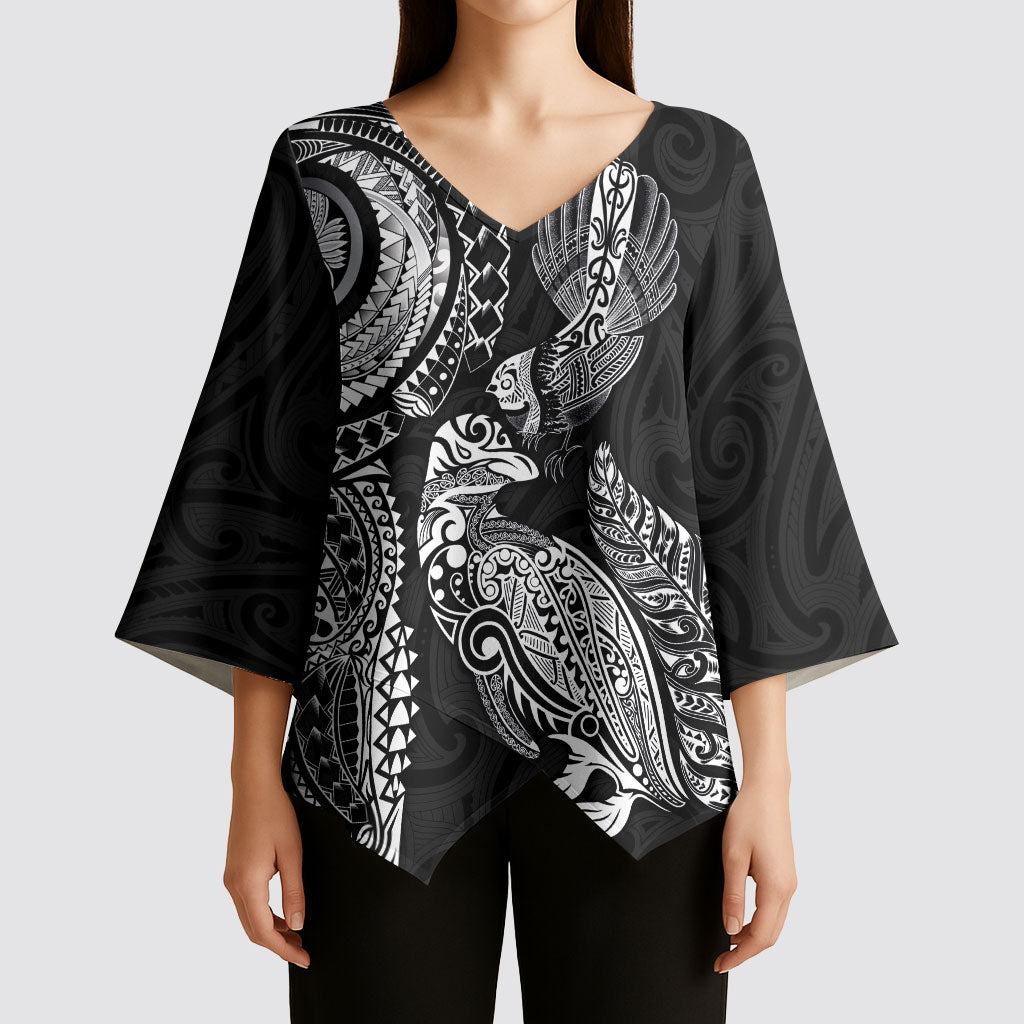 Aotearoa Moko Tribal Tattoo Kimono Sleeve Blouse New Zealand Maori Penguin and Fantail Black Color LT03 - Polynesian Pride
