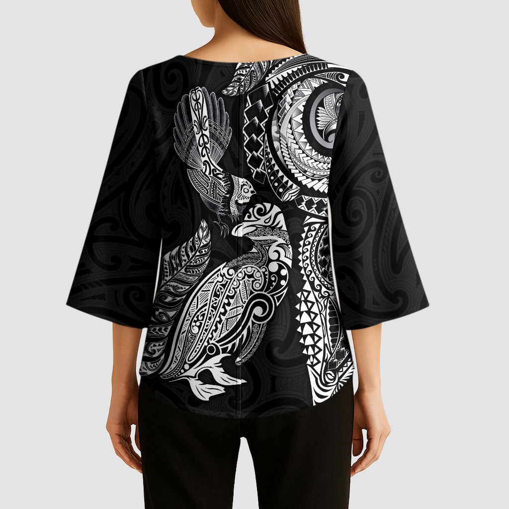 Aotearoa Moko Tribal Tattoo Kimono Sleeve Blouse New Zealand Maori Penguin and Fantail Black Color LT03 - Polynesian Pride