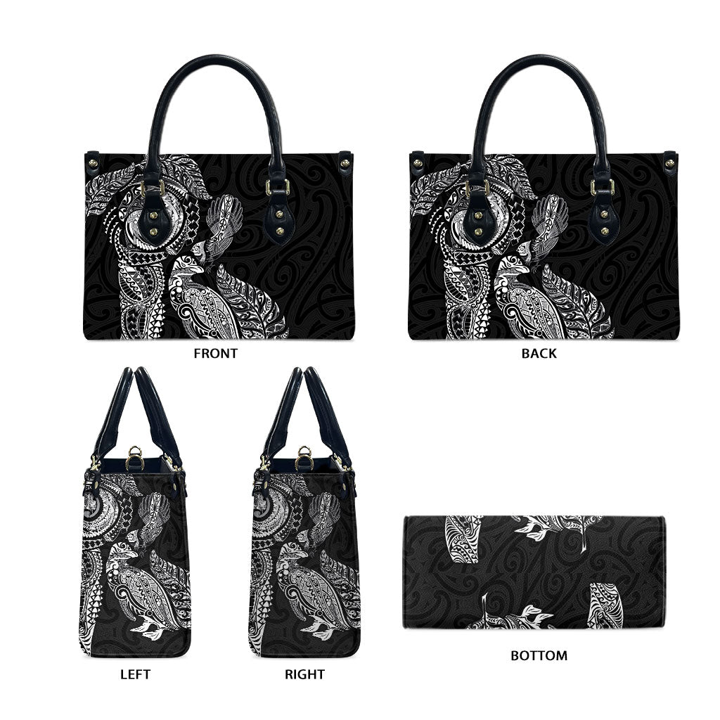 Aotearoa Moko Tribal Tattoo Leather Bag New Zealand Maori Penguin and Fantail Black Color LT03 - Polynesian Pride