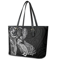 Aotearoa Moko Tribal Tattoo Leather Tote Bag New Zealand Maori Penguin and Fantail Black Color LT03 - Polynesian Pride