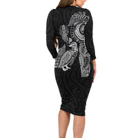Aotearoa Moko Tribal Tattoo Long Sleeve Bodycon Dress New Zealand Maori Penguin and Fantail Black Color LT03 - Polynesian Pride