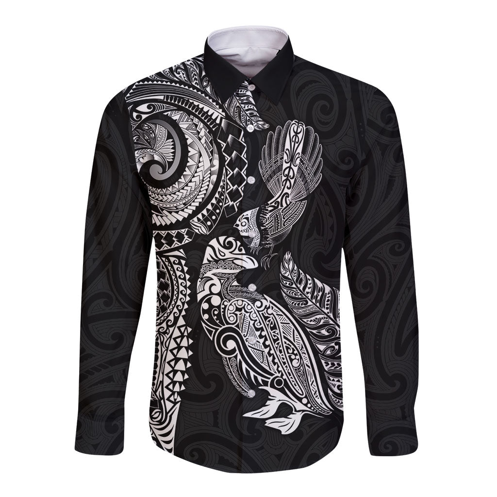 Aotearoa Moko Tribal Tattoo Long Sleeve Button Shirt New Zealand Maori Penguin and Fantail Black Color LT03 Unisex Black - Polynesian Pride