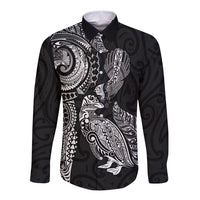 Aotearoa Moko Tribal Tattoo Long Sleeve Button Shirt New Zealand Maori Penguin and Fantail Black Color LT03 Unisex Black - Polynesian Pride