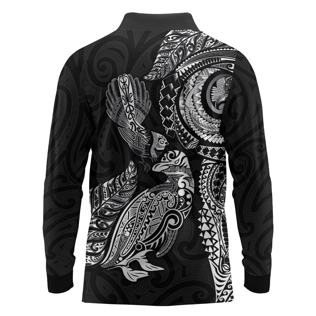 Aotearoa Moko Tribal Tattoo Long Sleeve Polo Shirt New Zealand Maori Penguin and Fantail Black Color LT03 - Polynesian Pride