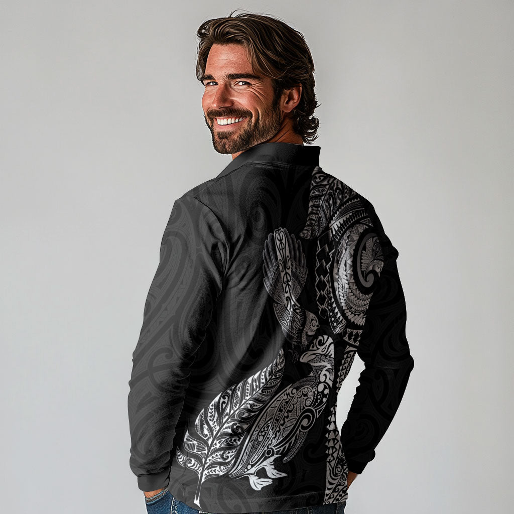 Aotearoa Moko Tribal Tattoo Long Sleeve Polo Shirt New Zealand Maori Penguin and Fantail Black Color LT03 - Polynesian Pride