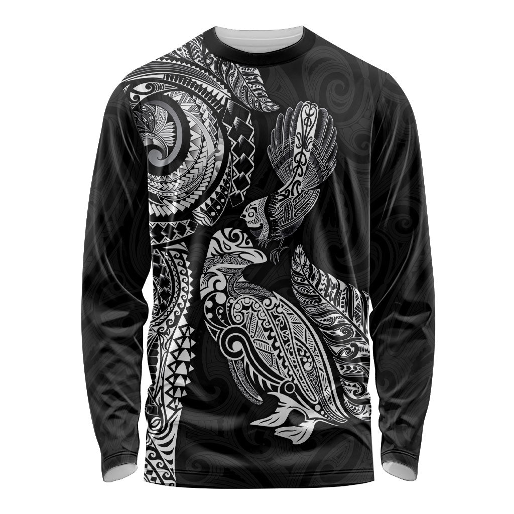 Aotearoa Moko Tribal Tattoo Long Sleeve Shirt New Zealand Maori Penguin and Fantail Black Color LT03 Unisex Black - Polynesian Pride