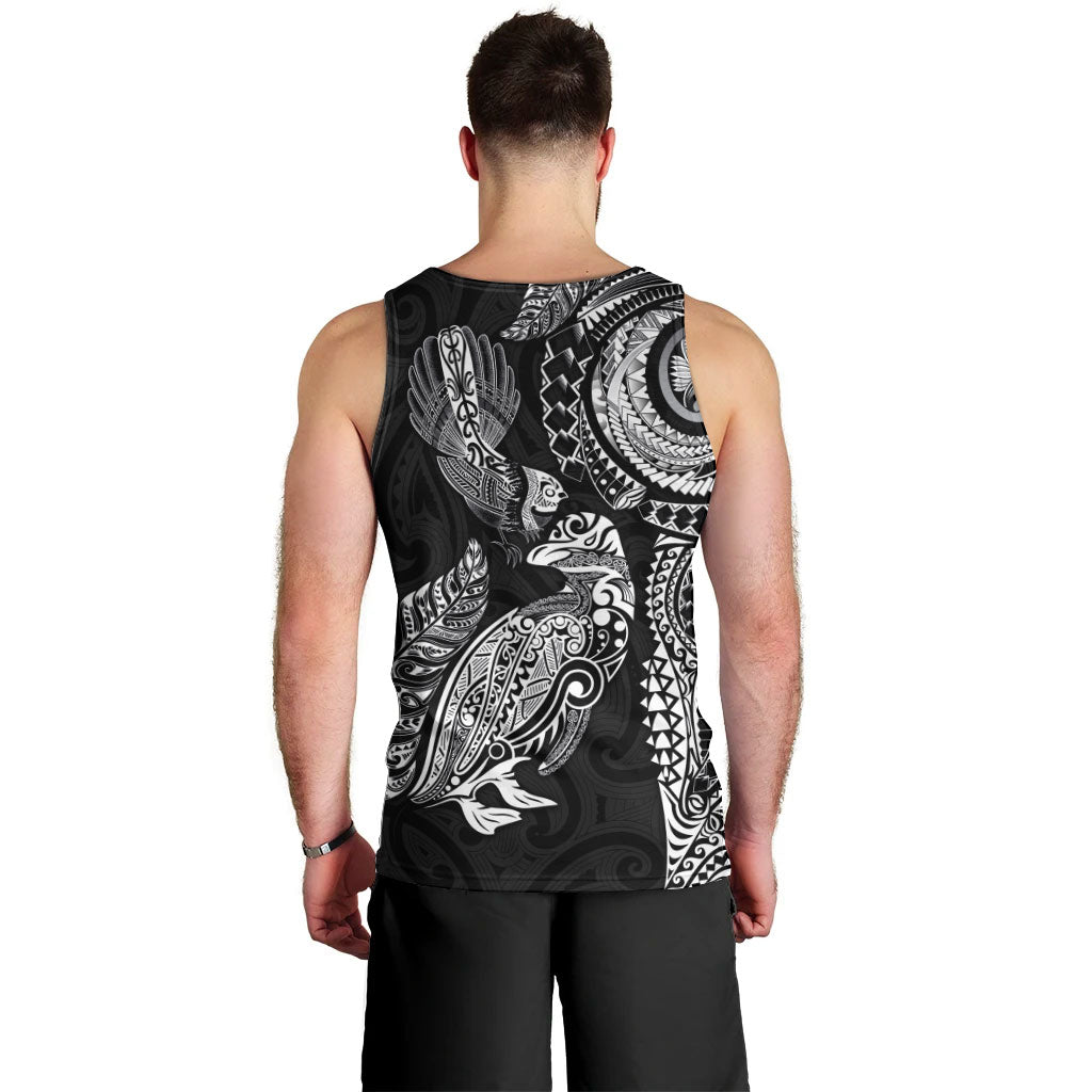Aotearoa Moko Tribal Tattoo Men Tank Top New Zealand Maori Penguin and Fantail Black Color LT03 - Polynesian Pride