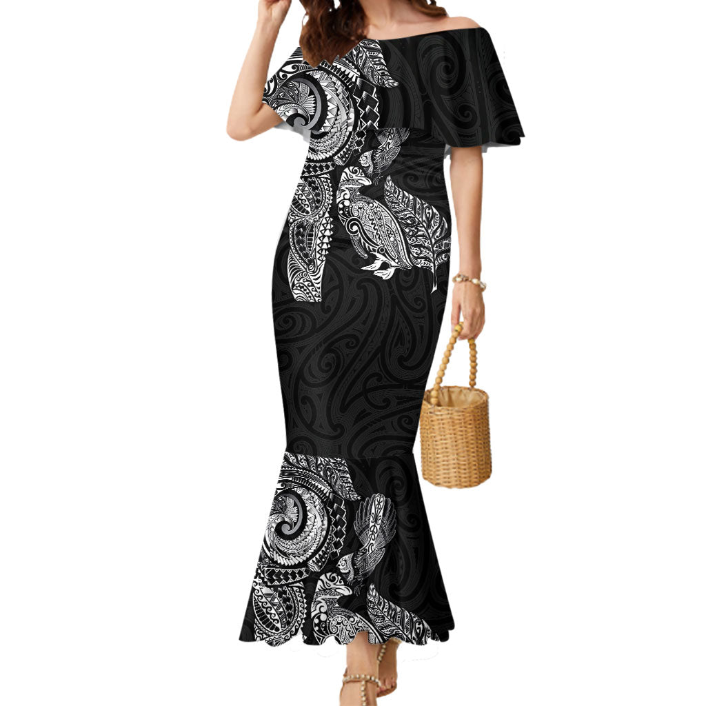 Aotearoa Moko Tribal Tattoo Mermaid Dress New Zealand Maori Penguin and Fantail Black Color LT03 Women Black - Polynesian Pride