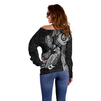 Aotearoa Moko Tribal Tattoo Off Shoulder Sweater New Zealand Maori Penguin and Fantail Black Color LT03 - Polynesian Pride