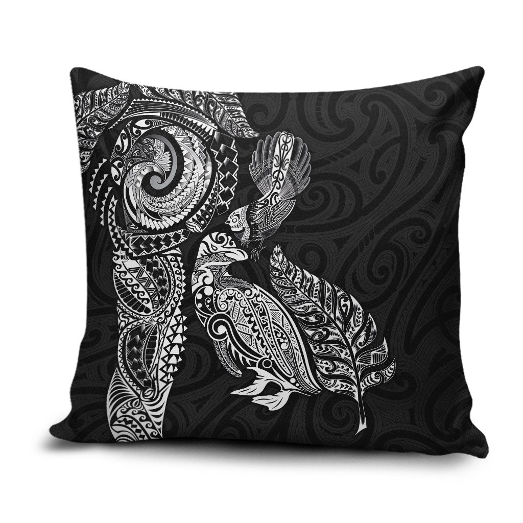 Aotearoa Moko Tribal Tattoo Pillow Cover New Zealand Maori Penguin and Fantail Black Color LT03 Black - Polynesian Pride