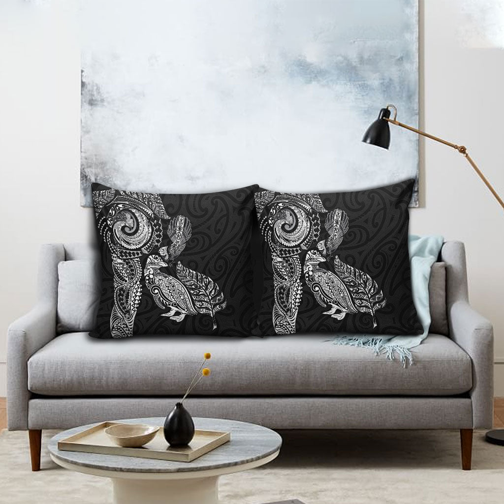 Aotearoa Moko Tribal Tattoo Pillow Cover New Zealand Maori Penguin and Fantail Black Color LT03 - Polynesian Pride