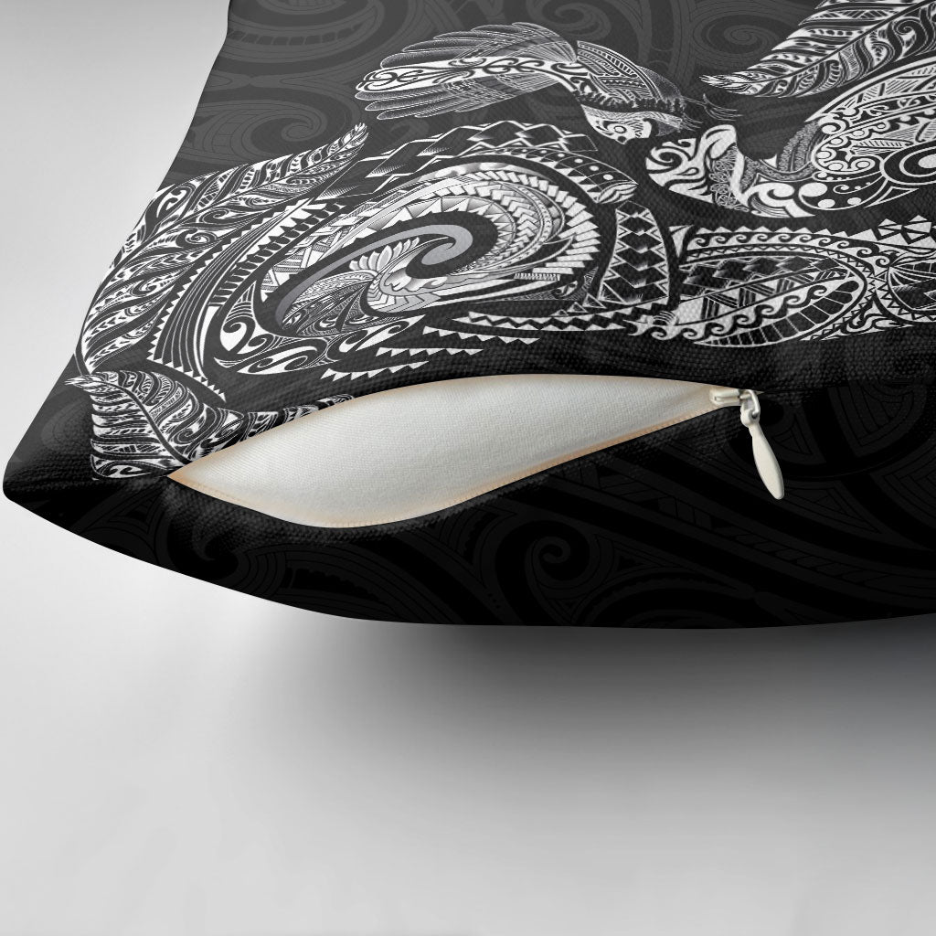 Aotearoa Moko Tribal Tattoo Pillow Cover New Zealand Maori Penguin and Fantail Black Color LT03 - Polynesian Pride