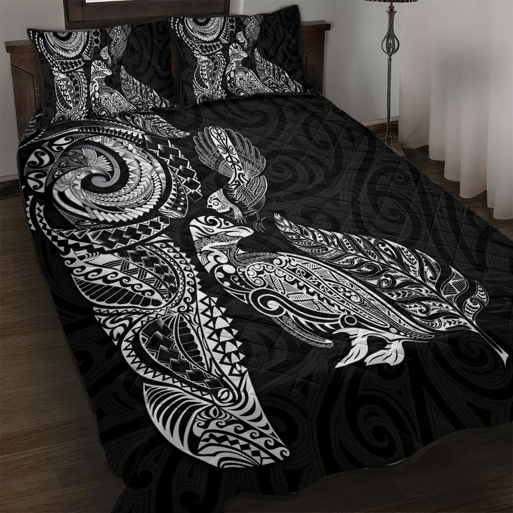 Aotearoa Moko Tribal Tattoo Quilt Bed Set New Zealand Maori Penguin and Fantail Black Color