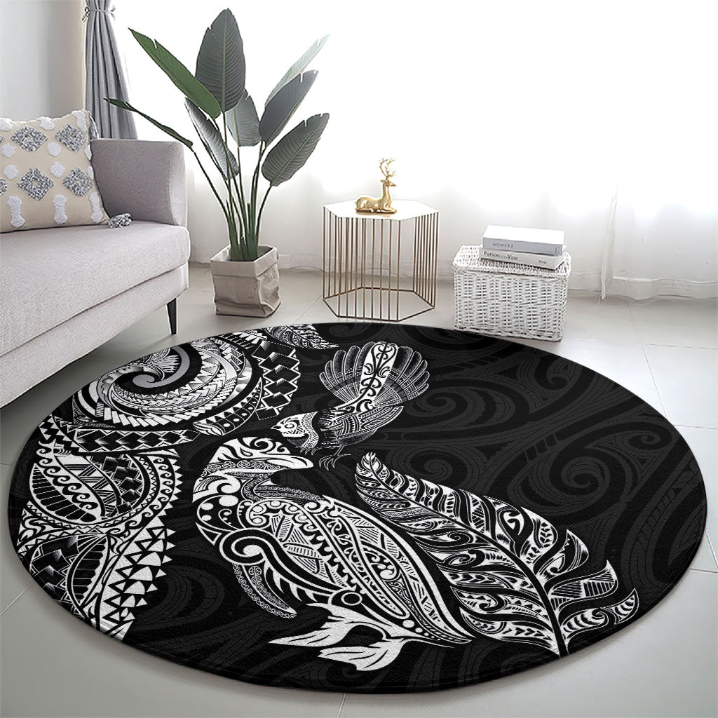 Aotearoa Moko Tribal Tattoo Round Carpet New Zealand Maori Penguin and Fantail Black Color LT03 - Polynesian Pride